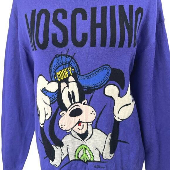 Moschino H&M Disney Goofy 100% Wool Purple Long Sleeve Sweatshirt Sweater Top L - Picture 3 of 6
